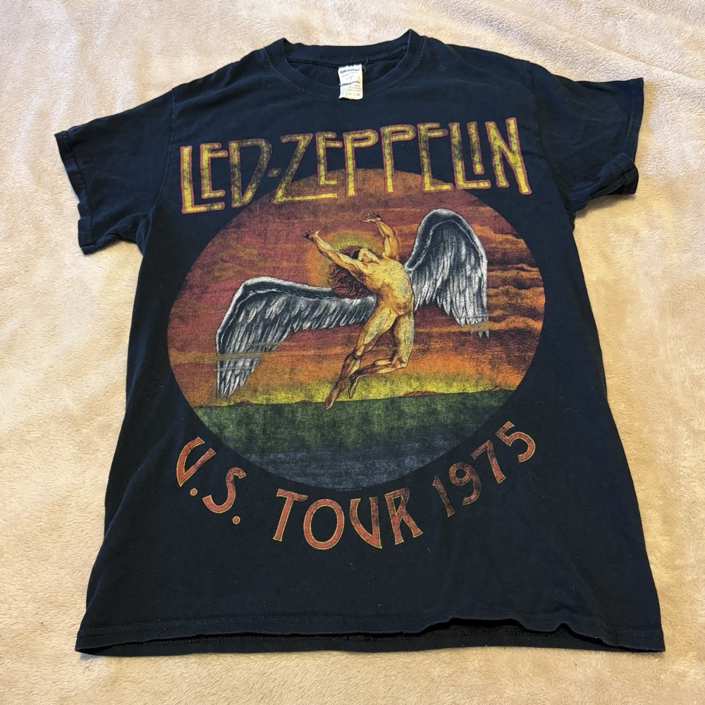 Vintage 2011 Led Zeppelin Gildan US Tour 1975 Graphic T-Shirt Black Small